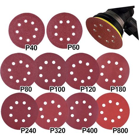 Bravix 100 Pièces Papier Abrasif Ponceuse Excentrique 125 Mm Velcro, Disques De Ponçage 8 Trous Velcro Rond 125 Mm Pour Ponceuse Excentrique 20x 40/60/80/120/180 Grain Par