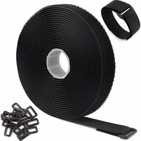 Bravix Sangles De Câble Réglables De 5m Avec 25 Boucles, Attaches De Câble Réutilisables Noires, Sangle De Fixation À Crochet Et Boucle Pour La Gestion Des Câbles (5m X 2cm, Noir) Longziming