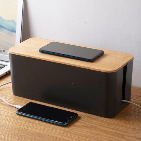 Bravix 1 Boîte Cache Câble Noir, Grand Boîte De Rangement Câbles Electriques Avec Bois Couvercle, Boite Cache Multiprise Pour Protection De Câble Et Prise Multiprise Electrique