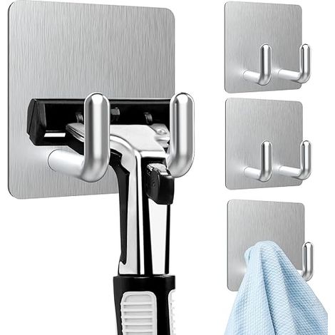 Bravix 4 Pièces Crochet Adhésif Mural (forte Adhérence), Poids Lourd Inox Accroche Serviette Salle De Bains, Crochet Torchon Cuisine, Auto-adhesif Sans Percer Hook Pour Cuisine, Salon,bureau -argent