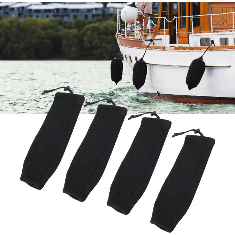 Set Aus 4 Bootsfenderabdeckungen, 15 X 51 Cm, Schwarz, Gestrickt Und Elastisch, Verstärkter Schutz, Marine-fenderhüllen Für Doppelte Mittelösen-festmacherei, Schlauchstil.