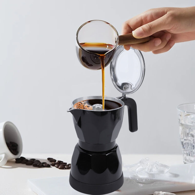 Schwarze, Achteckige Elektrische Kaffeemaschine Aus Aluminium Für 3 Tassen, Ideal Für Zuhause, Reisen Und Büro.