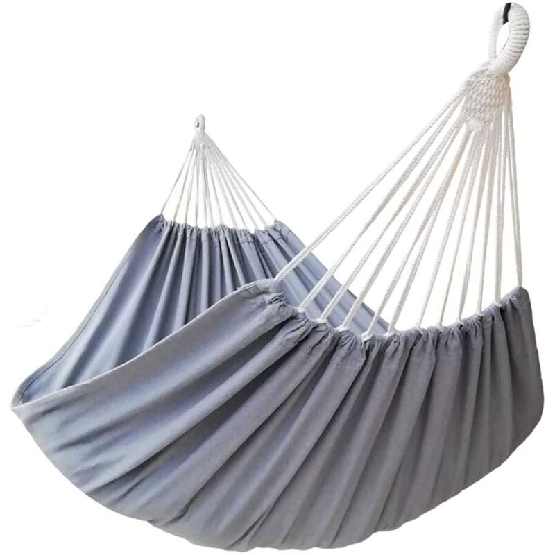 Hängematte Für 2 Personen, 220 X 150 Cm Leinwand, 270 Cm Gesamtlänge, Für Garten Und Terrasse, Doppelhängematte, Graue Leinwandhängematte