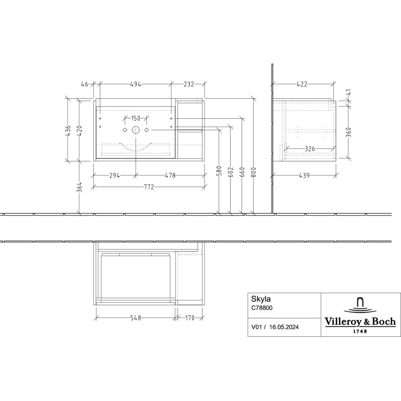 Villeroy & Boch Skyla Waschtischunterschrank 77,2 X 43,6 Cm, 1 Auszug, Stauraum Rechts