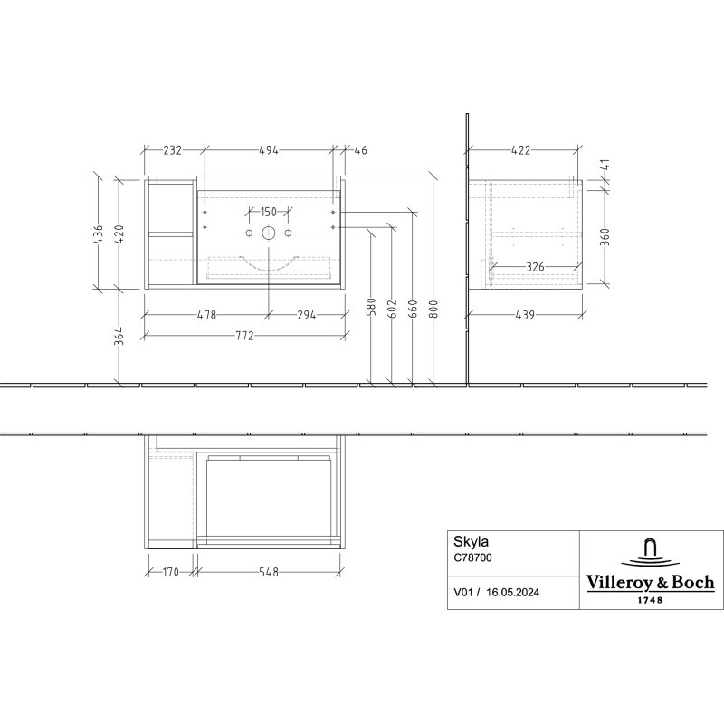 Villeroy & Boch Skyla Waschtischunterschrank 77,2 X 43,6 Cm, 1 Auszug, Stauraum Links