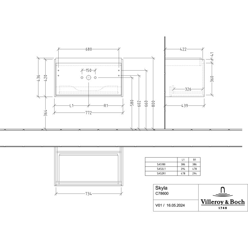 Villeroy & Boch Skyla Waschtischunterschrank 77,2 X 43,6 Cm, 1 Auszug