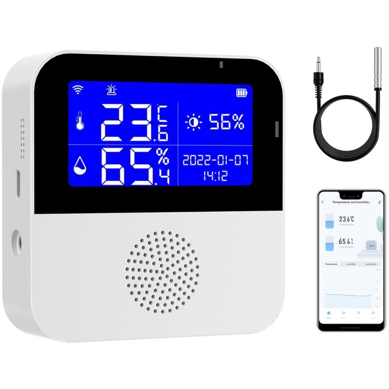 Wlan-thermometer-hygrometer Mit Wasserdichter Sonde: Intelligenter Temperatur- Und Feuchtigkeitssensor Mit Beleuchtetem Lcd-display, Kalibrierungsfunktion, App- Und Akustischem Alarm, Temperaturüberwa