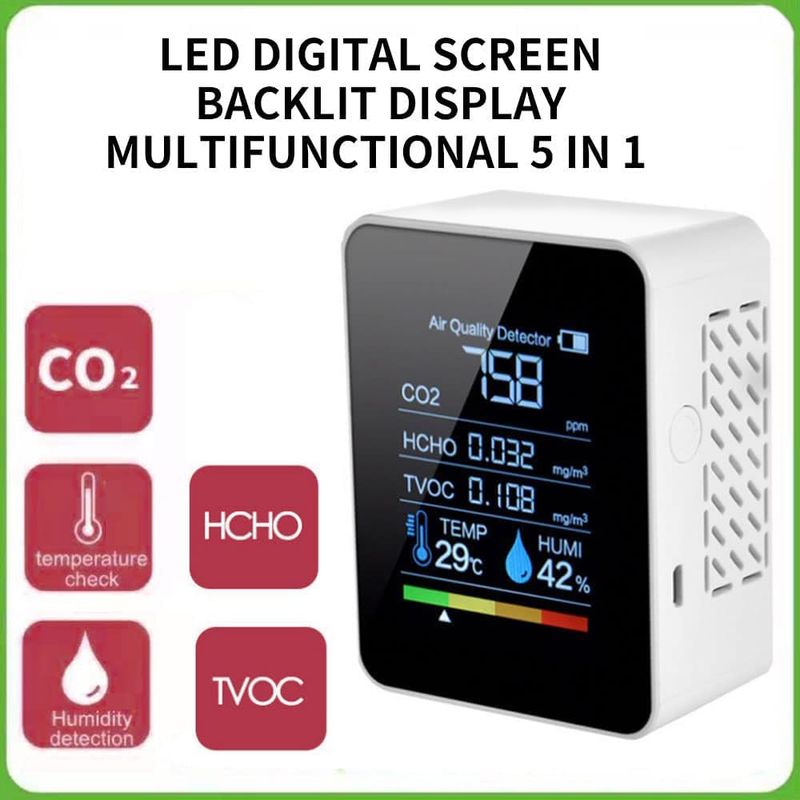 5-in-1-gasdetektor: Co2-, Tvoc- Und Hcho-sensor Für Präzise Messung Von Temperatur Und Luftfeuchtigkeit – Ideal Für Zuhause, Büro Und Schule