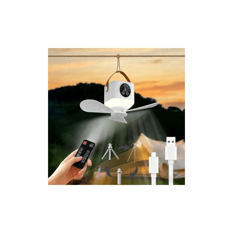 Campingventilator Mit Licht, Faltbarem Stativ Mit Fernbedienung, 7200 Mah Usb-akku, Timer, 3 Geschwindigkeitsstufen Für Zelte