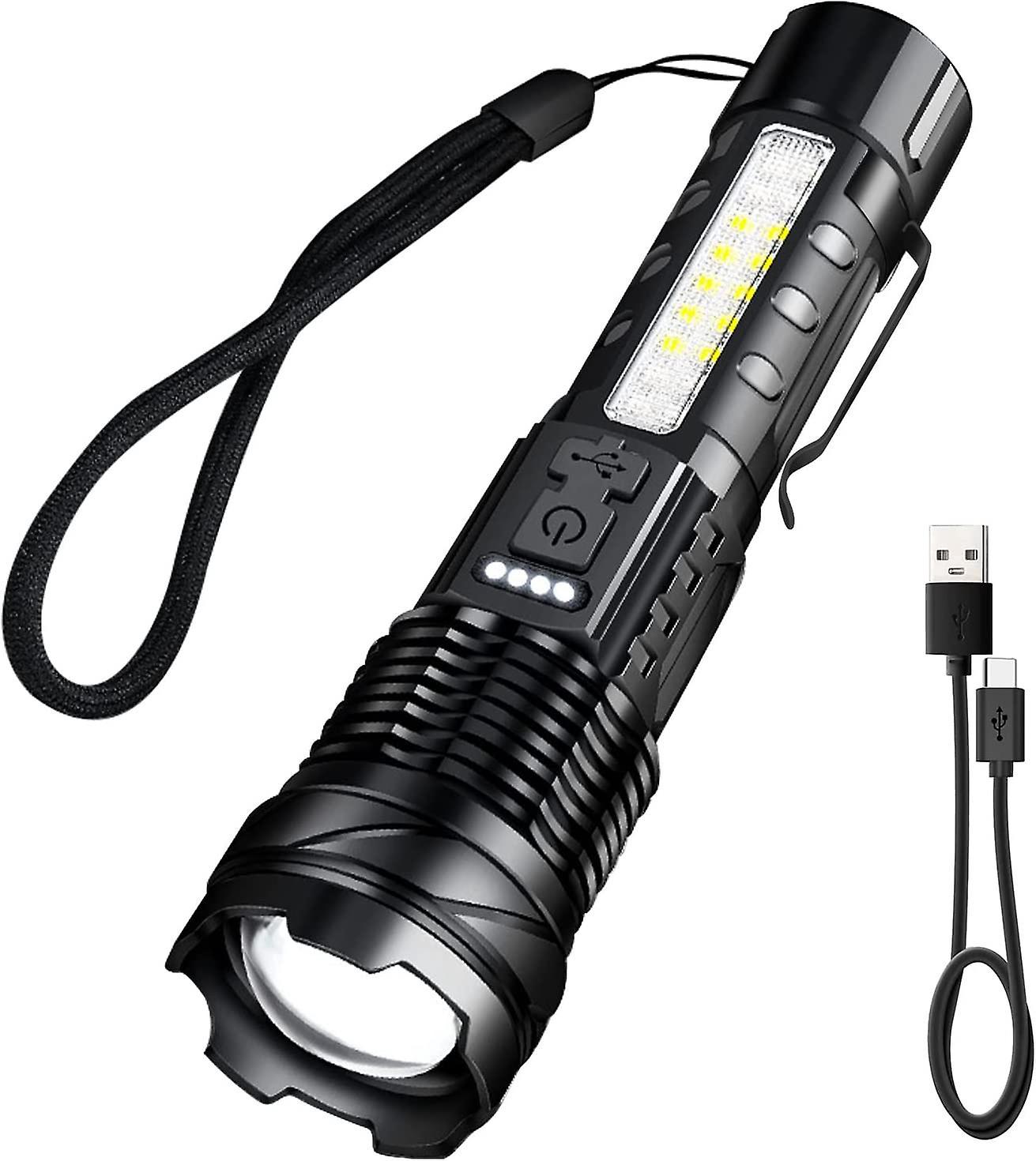 Extrem Leistungsstarke 2600-lm-led-taschenlampe – Wiederaufladbar, 7 Leuchtmodi, Usb-c-akkubetrieb, Mit Rotem Und Blauem Seitenlicht, Clip Und Kontrollleuchte