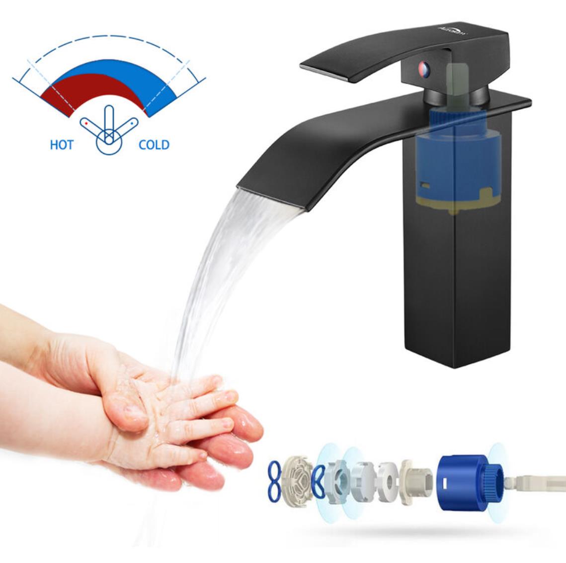 Bf Einhand-wasserfall-waschtischarmatur, Schwarz, Moderner Einhand-badezimmer-wasserhahn Für Aufsatz-waschtischarmaturen, Geeignet Für Eingelassene Waschbecken
