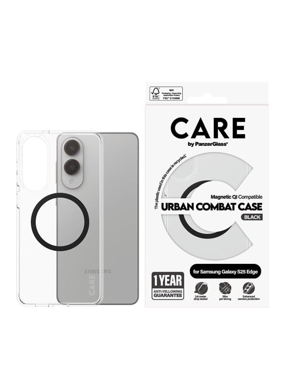 CARE by PanzerGlass Flagship Case Transparent Urban Combat w. Black Qi Compatible Samsung S25 Edge
