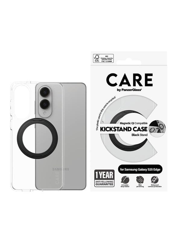 CARE by PanzerGlass Feature Case Transparent w. Black Kickstand & Qi Compatible Samsung S25 Edge