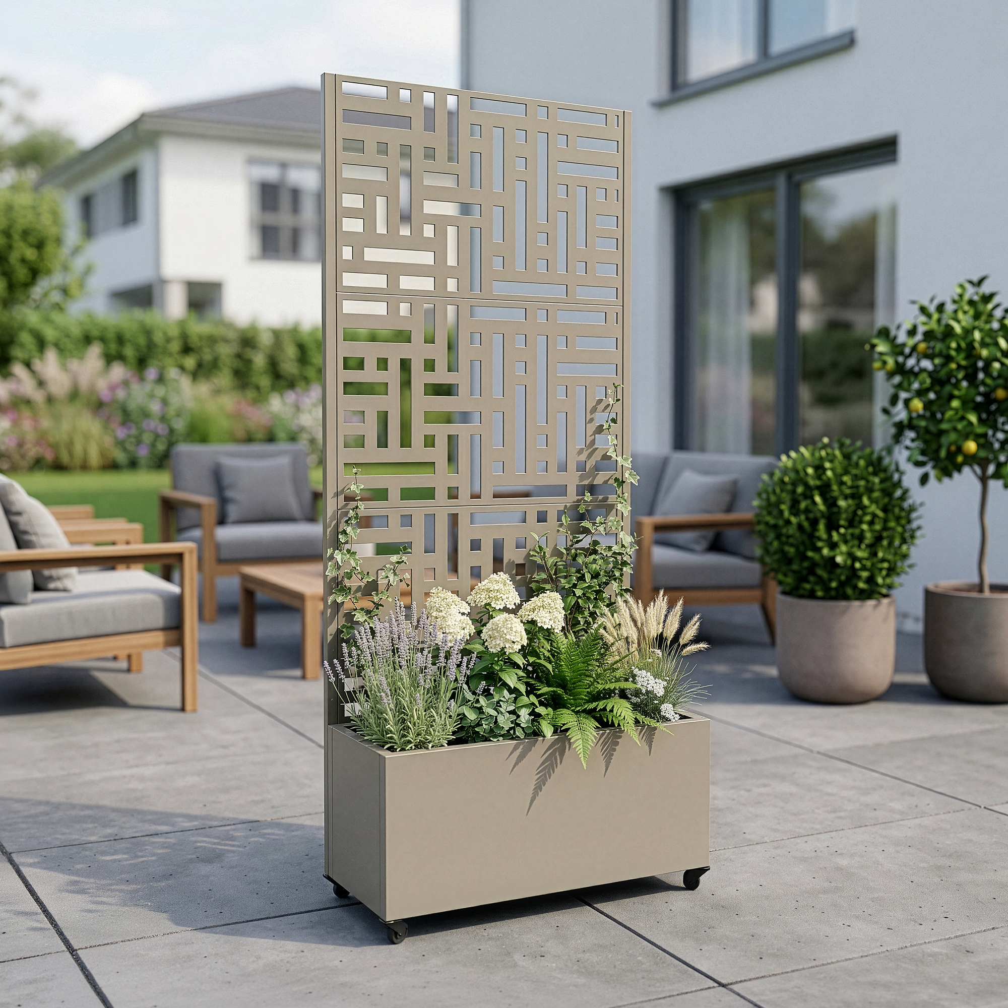Trennwand Bernalda Mit Blumenkasten Stahl 190x82x38 Cm Knoblauchbeige [casa.pro]