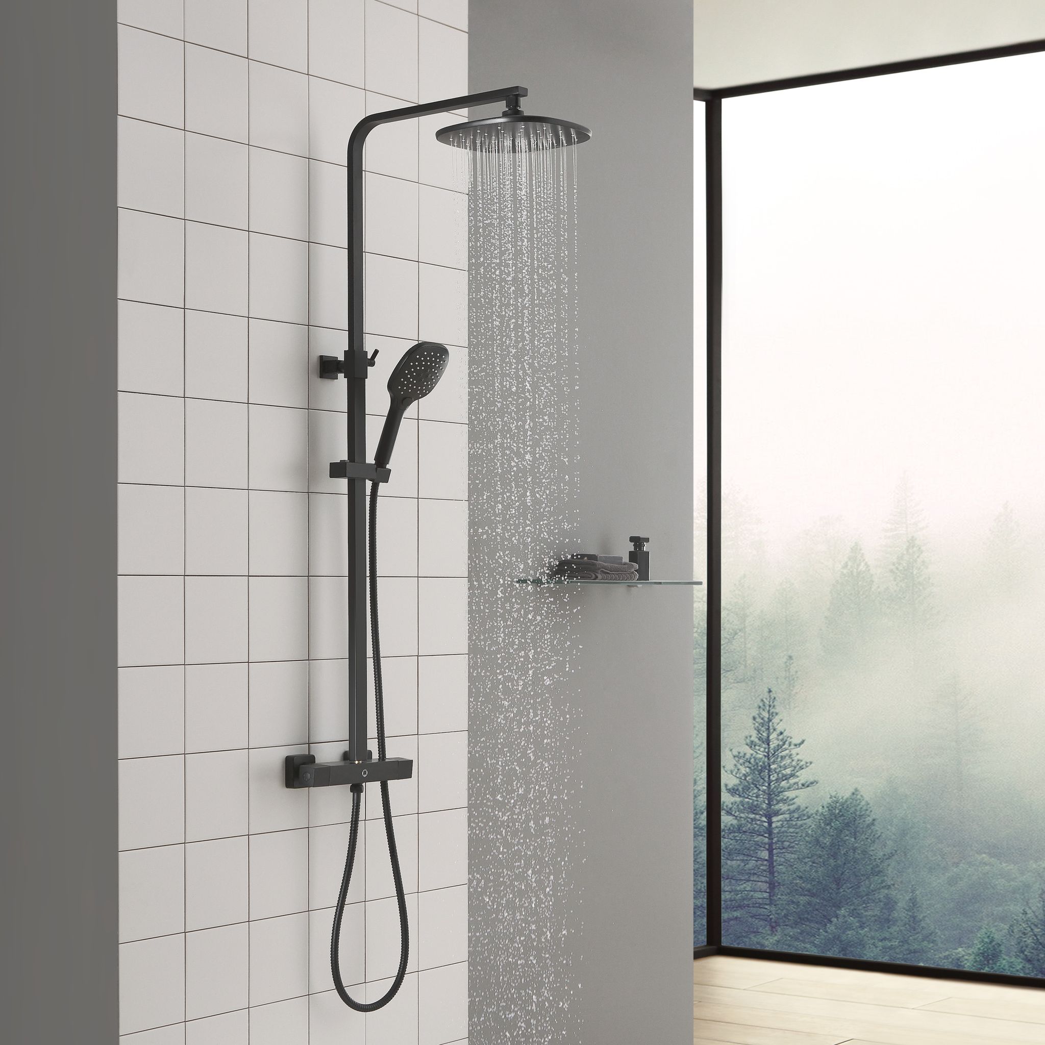 Cecipa Thermostat-duschsäule 38 °c Schwarz Quadratisches Brauseset, Höhenverstellbar, Mit 9,5-zoll-edelstahl-regenduschkopf Und 3 Arten Von Handbrause