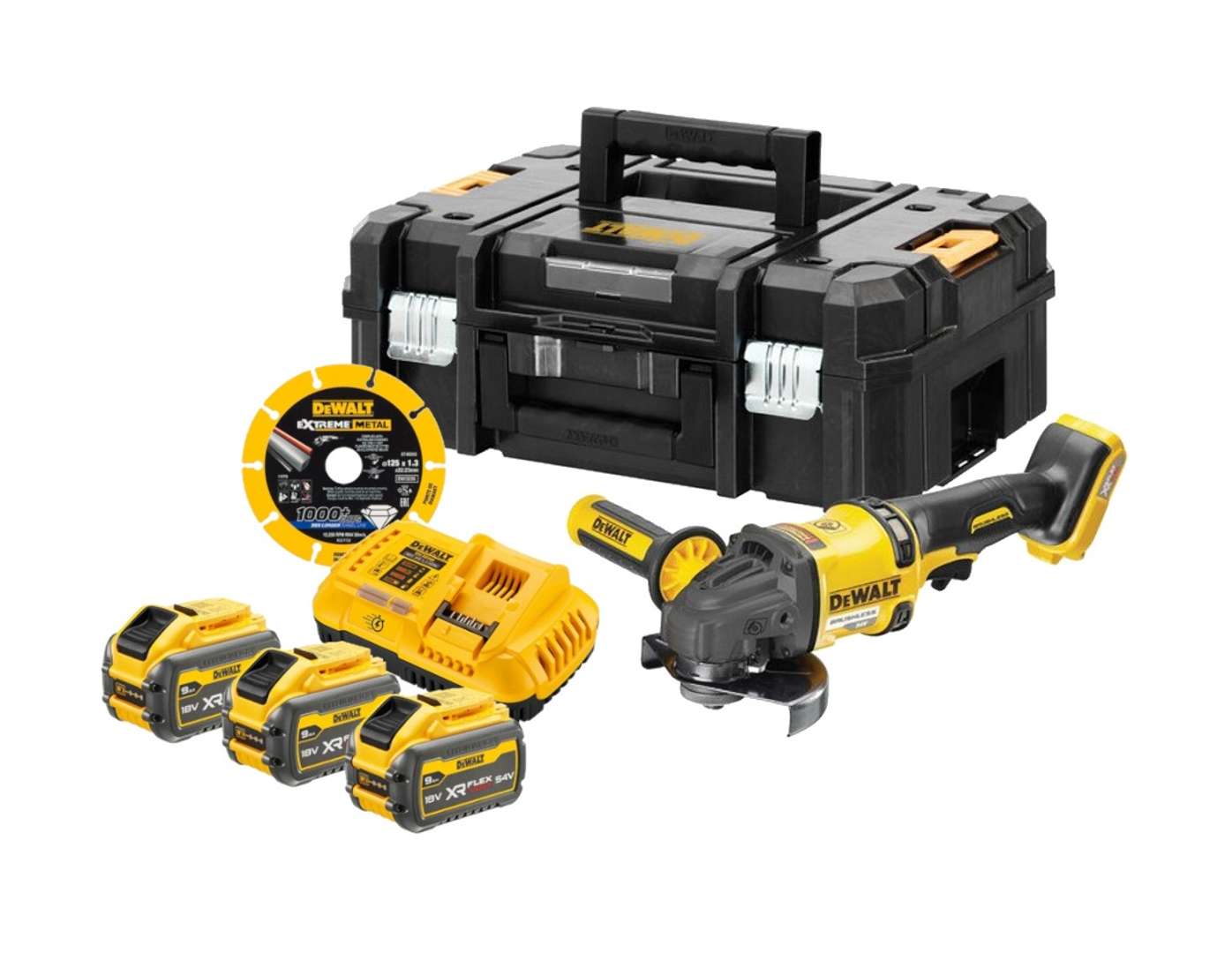 Dewalt - 54v Aku Winkelschleifer 125 Mm, Mit Zubehör, 3x Akku 9,0 Ah Li-ion, Ladegerät Dcg418nta