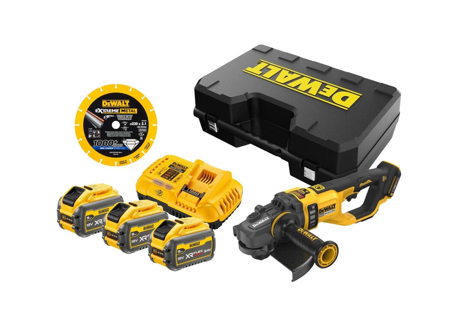 Dewalt - 54v Aku Winkelschleifer 230 Mm, Mit Zubehör, 3x Akku 9,0 Ah Li-ion, Ladegerät Dcg460nka
