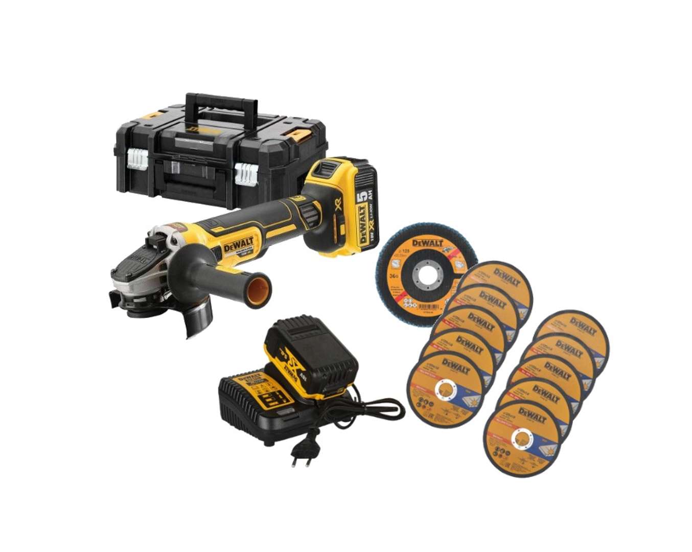 Dewalt - 18v Akku-winkelschleifer 125 Mm, Mit Zubehör, 2x Akku 5,0 Ah Li-ion, Ladegerät Dcg405p2a