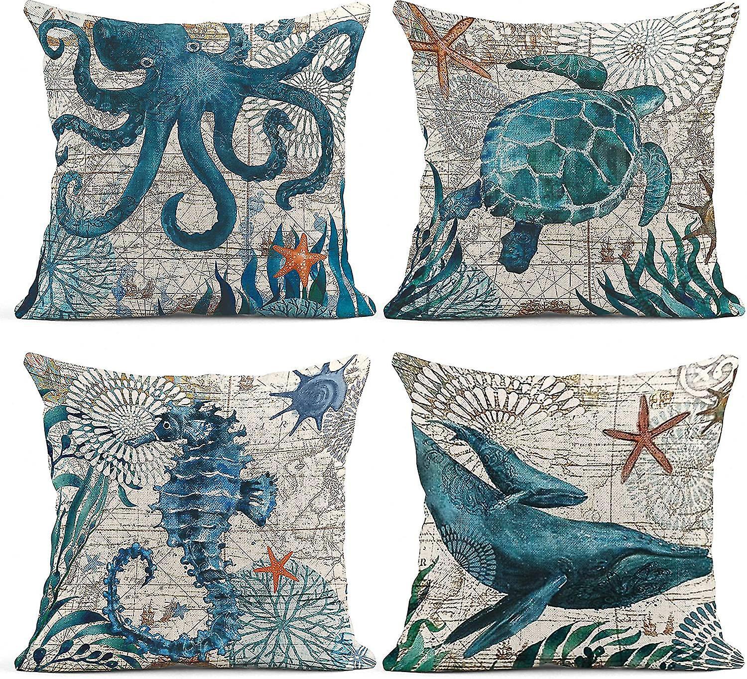 Set Mit 4 Kissenbezügen Im Mediterranen Stil, Meeresmotiv, Schildkröte, Seepferdchen, Wal, Oktopus, Nautische Und Küstendekoration, 45 X 45 Cm (18 X 18 Zoll).