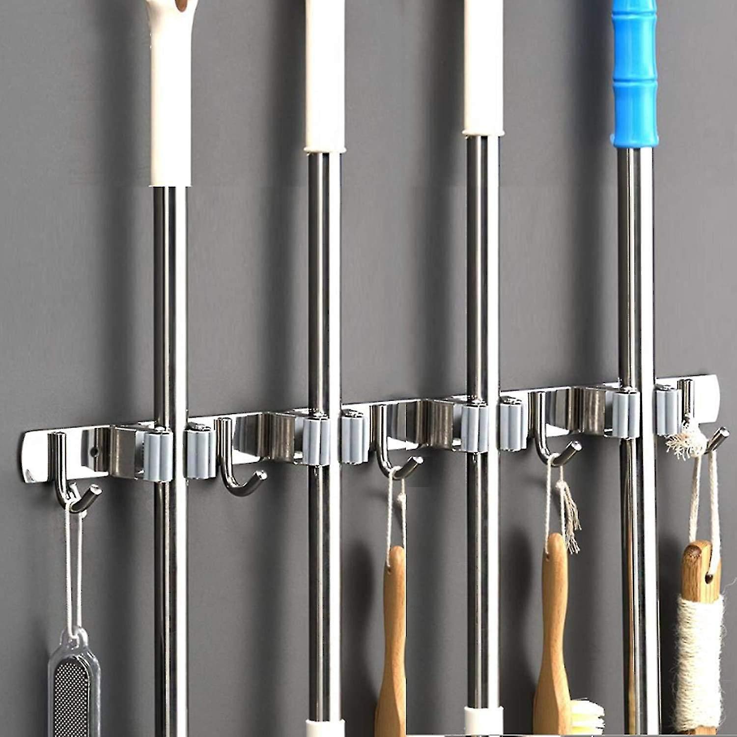 Wandmontierter Besenhalter - Besenhalter Aus Edelstahl, Aufbewahrungsregal Für Küche, Garage, Waschküche (4 Schlitze Und 5 Haken)
