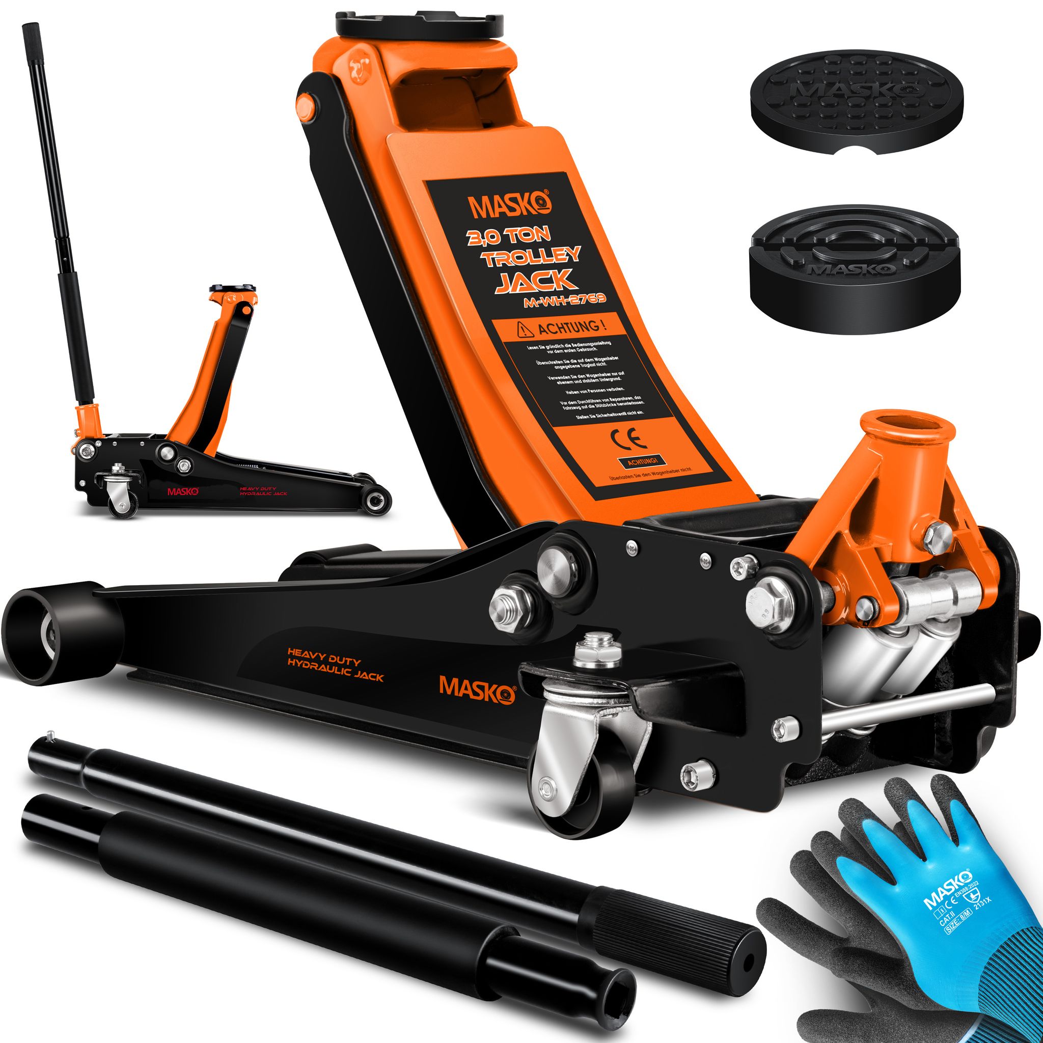 Masko® Wagenheber Hydraulisch Kfz 360° Rollen, Inkl. 2x Gummiauflage – 3 Tonnen - Orange