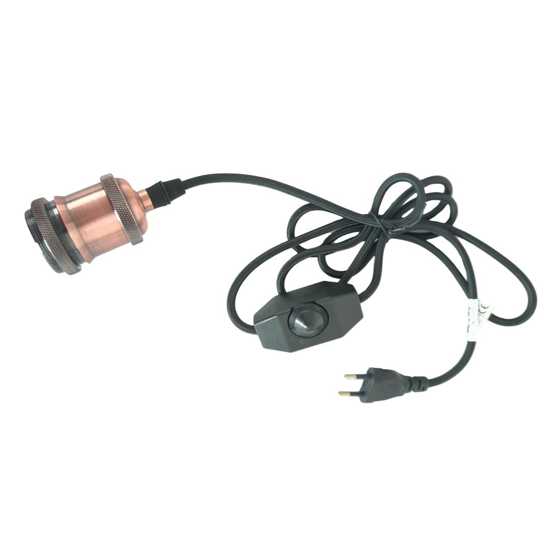 E27 Fassungsset Kupfer Mit Dimmer, Schwarzem Textilkabel 1,8 M Und Stecker