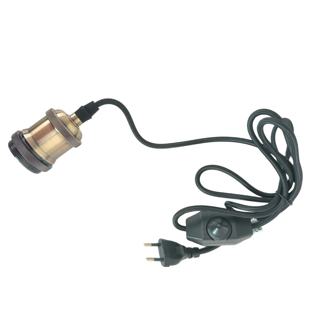 E27 Fassungsset Messing Mit Dimmer, Schwarzem Textilkabel 1,8 M Und Stecker