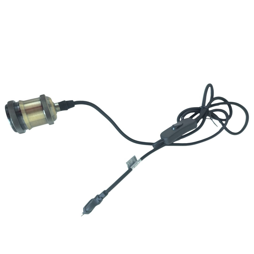 E27 Fassungsset Messing Mit Schwarzem Textilkabel 1,8 M, Schalter Und Stecker