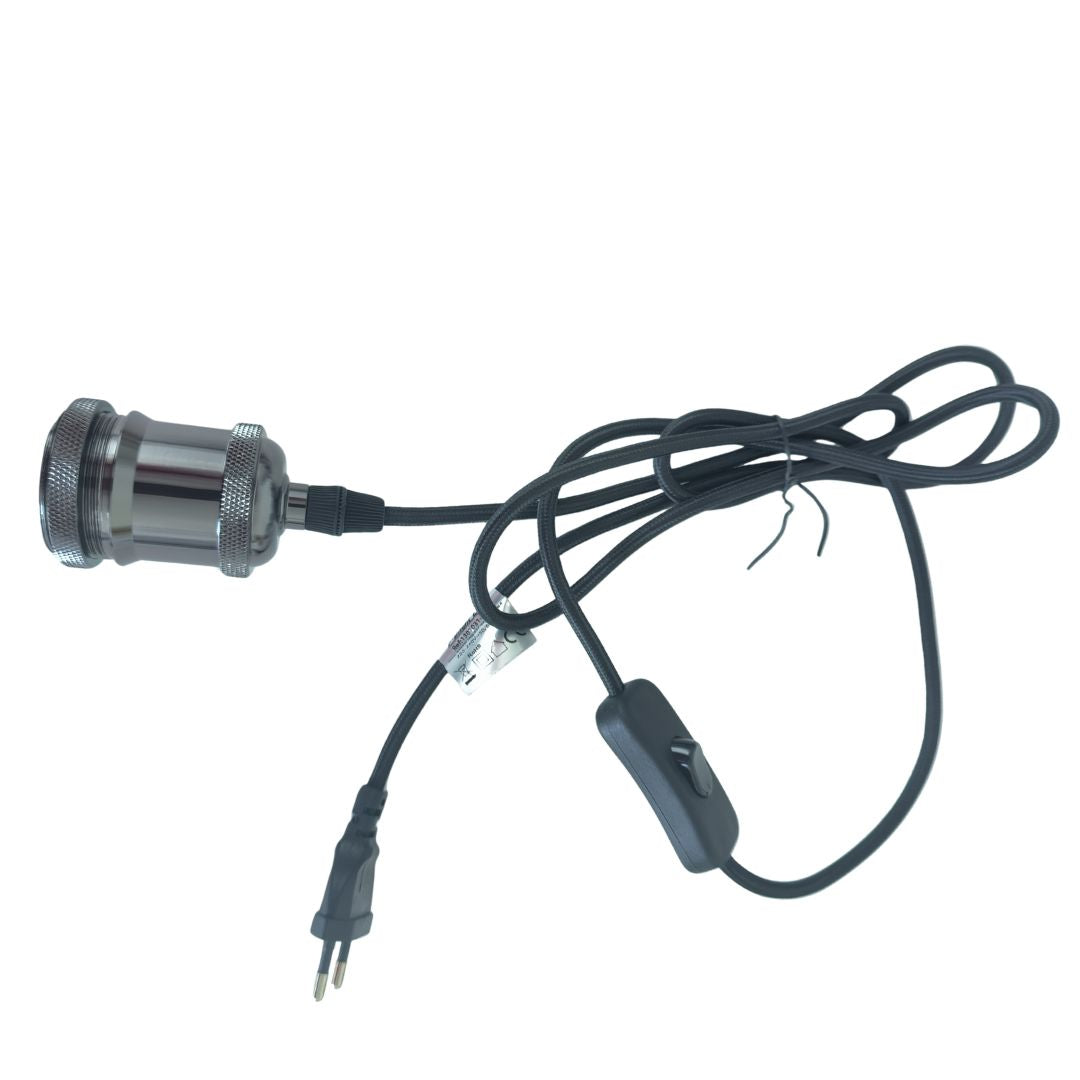 E27 Fassungsset Grau Mit Schwarzem Textilkabel 1,8 M, Schalter Und Stecker
