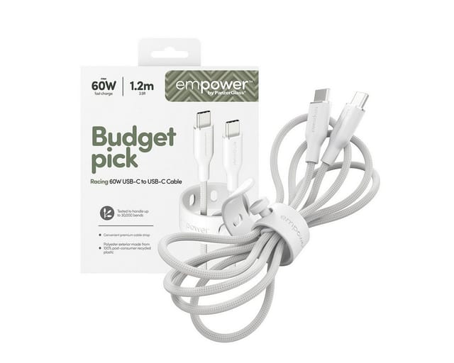 empower by PanzerGlass Racing 60W USB-C to USB-C Cable | USB 2.0 | 1.2M | Silver White