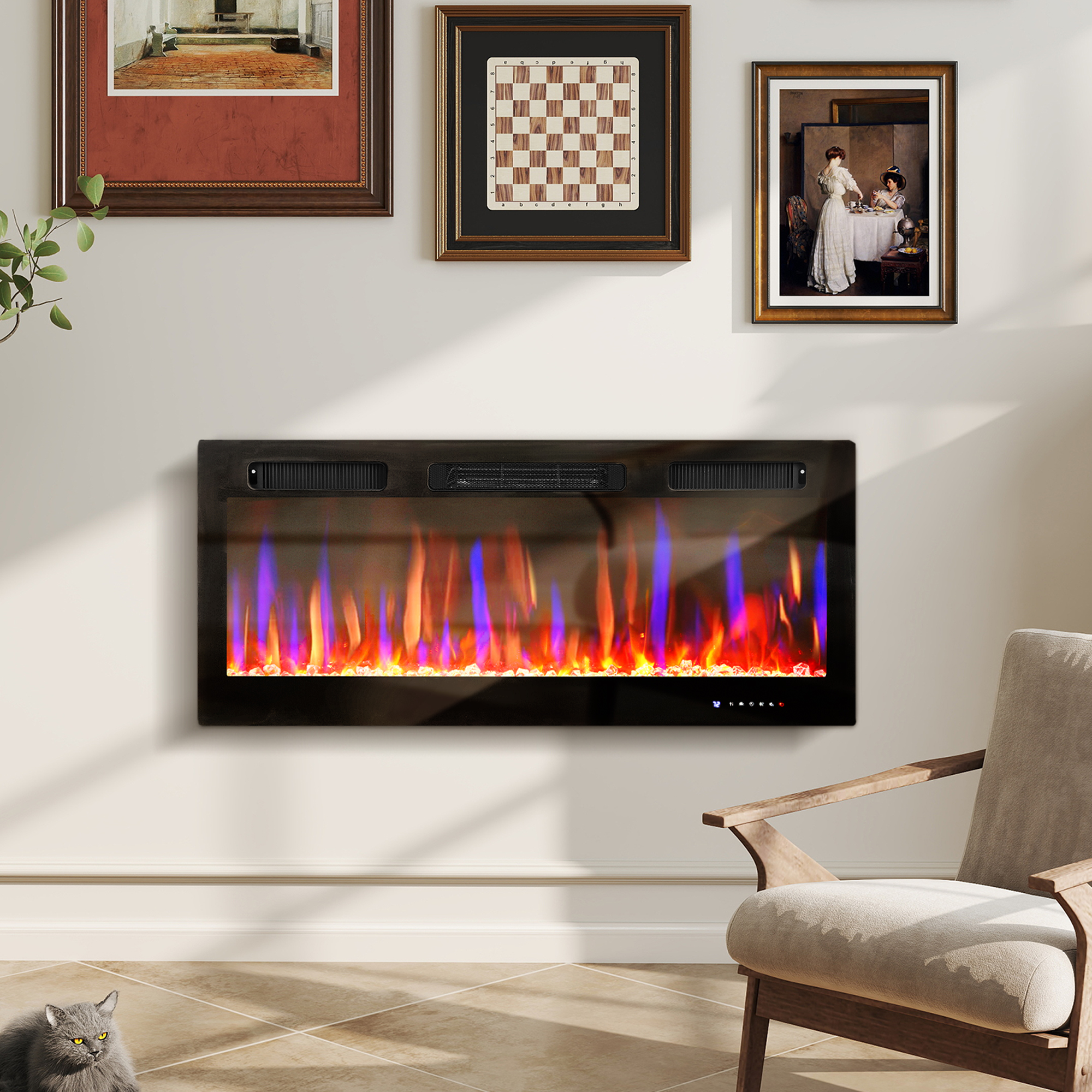 Elektrischer Kamin Zur Wand- Oder Einbaumontage, 900 W/1800 W, 12-farbiger Flammeneffekt, 5 Helligkeitsstufen, 106,7 X 9,4 X 47 Cm, Schwarz
