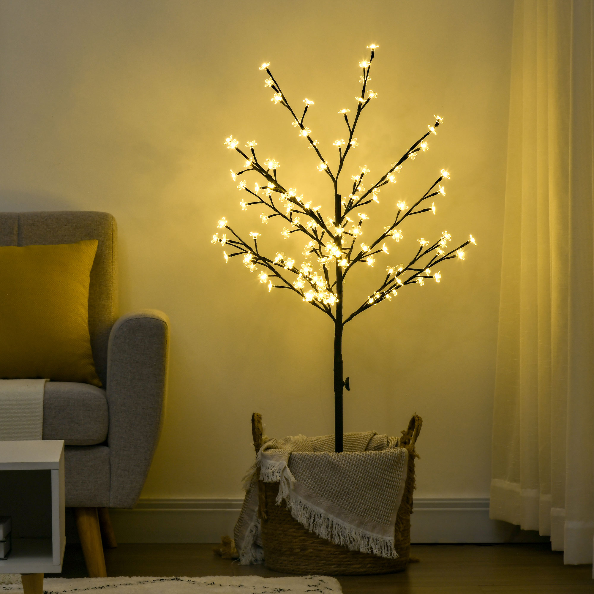 Homcom Kirschblütenbaum Mit 120 Led-leuchten, Ip44, Warmweiß, Innendekoration, 17 X 17 X 120 Cm, Schwarz