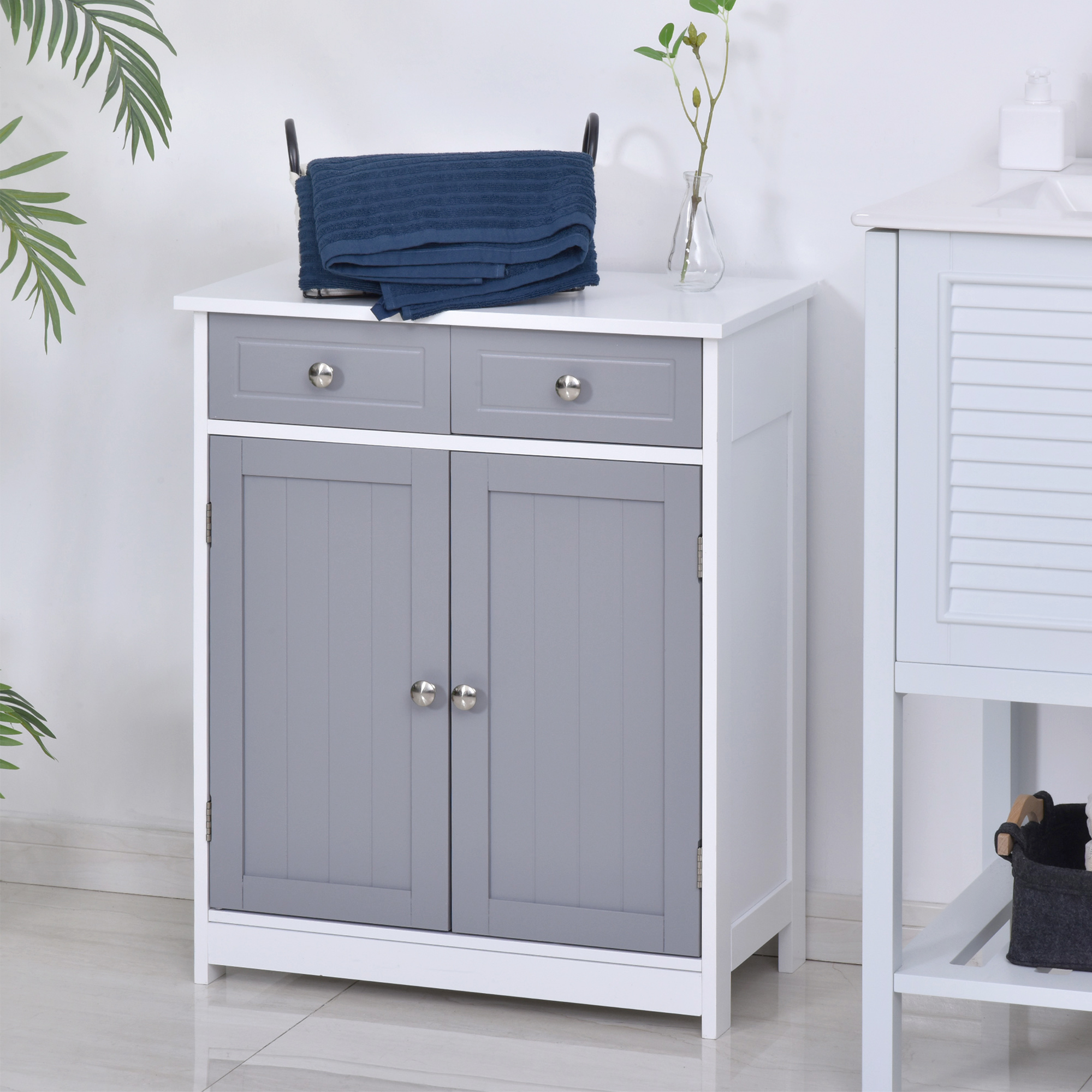 Freistehender Badezimmerschrank Mit 2 Türen Und 2 Schubladen, 60 X 30 X 75 Cm, Grau Und Weiß