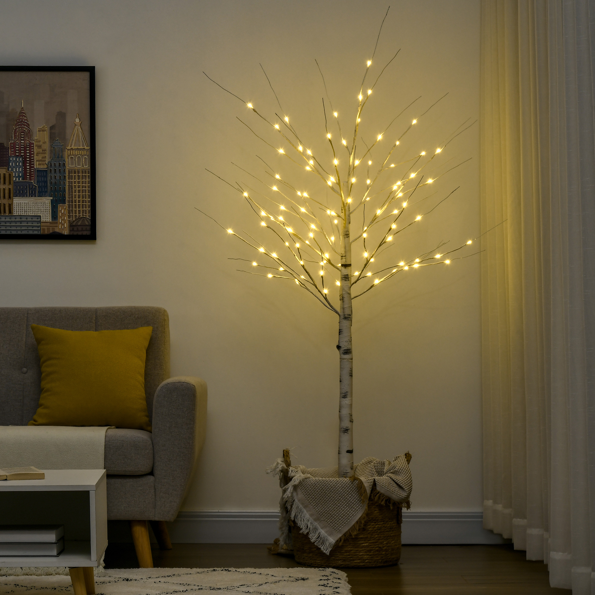 Homcom Birkenbaum, 180 Cm Hoch, Mit 96 Led-leuchten, Ip44 Warmweiß, Innendekoration, 22 X 22 X 180 Cm, Weiß
