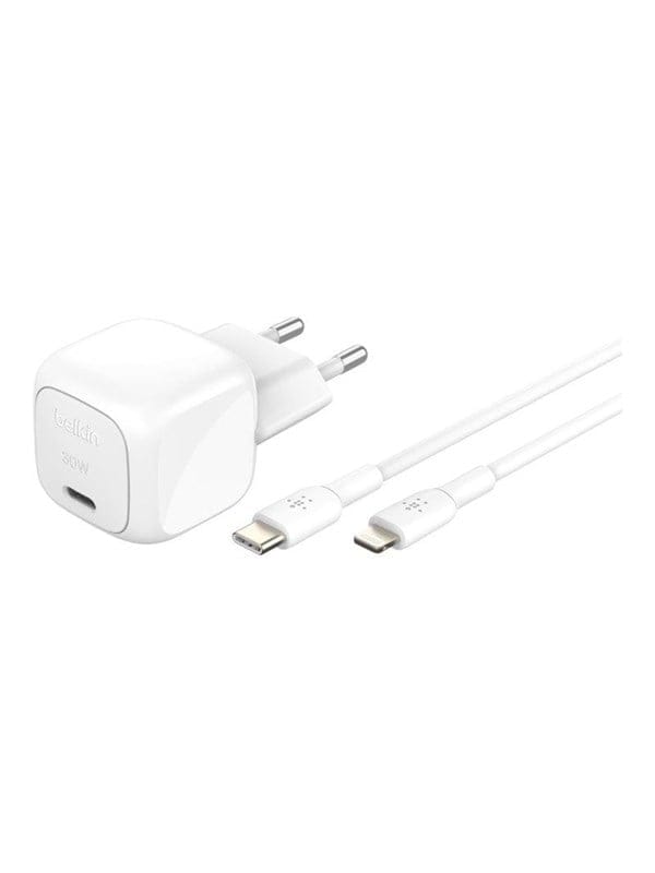 Belkin BoostCharge power adapter - compact - 24 pin USB-C - 30 Watt - with USB-C to Lightning cable (1m)