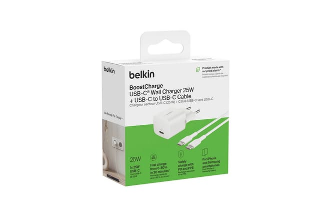 Belkin BoostCharge power adapter - PPS technology - 24 pin USB-C - 25 Watt - with USB-C cable (1m)