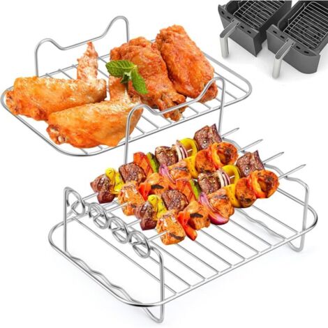 Accessoires Pour Friteuse En Acier Inoxydable 304, Support Multifonction Double Couche Avec Brochette Compatible Avec Ninja Foodi Af300eu / Af400eu, Accessoire Pour Air Fryer Friteuses À Double Panier