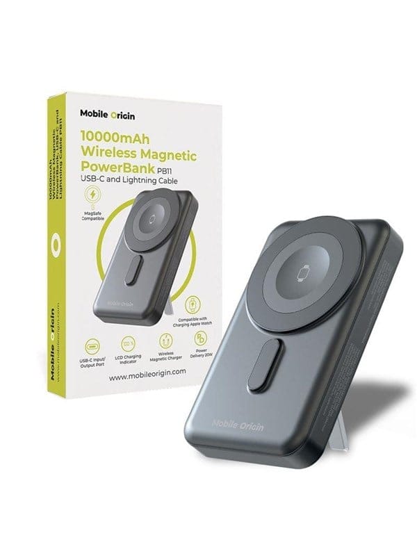 Mobile Origin Wireless Magnetic PowerBank 10000mAh - USB-C and Lightning Cable PB11 Powerbank (Akku) - Grau - 10000 mAh