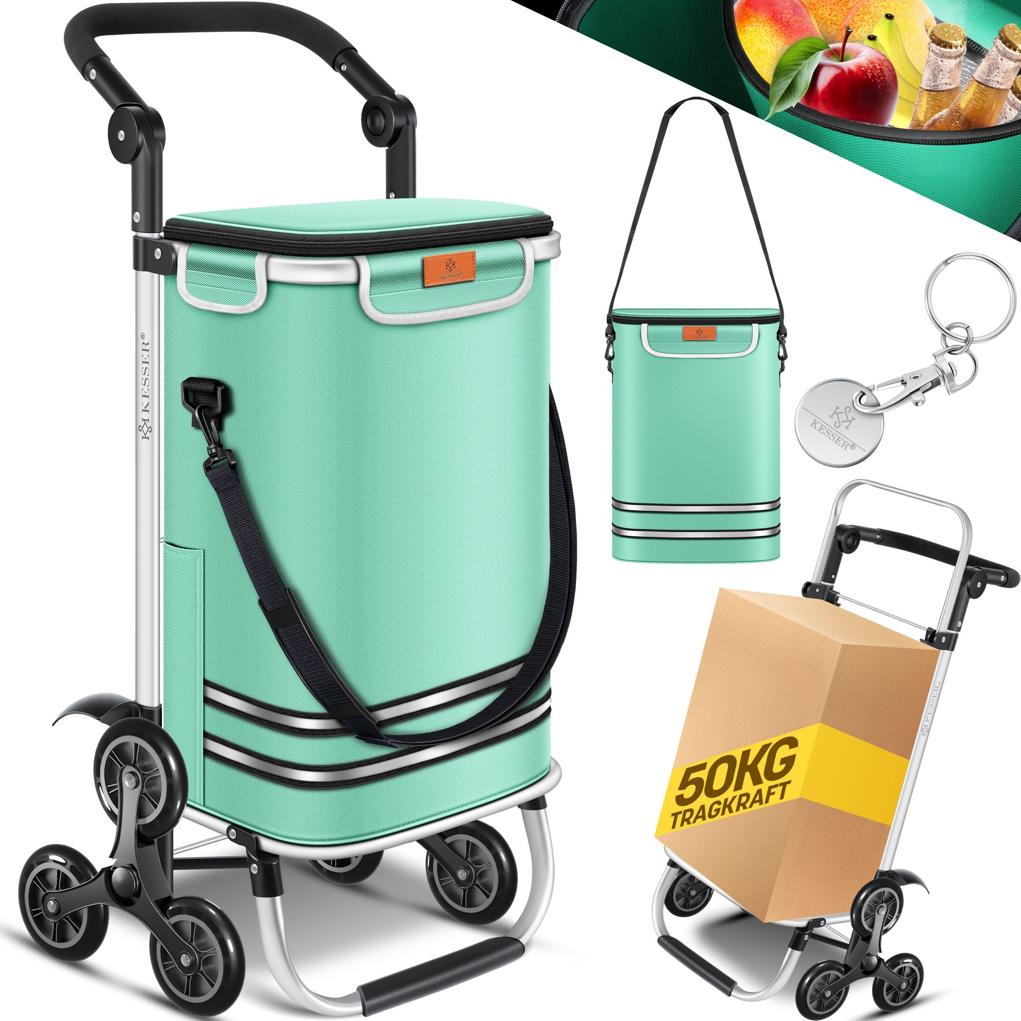 Kesser® Einkaufstrolley Treppensteiger Klappbar 56l Bis 50kg, 3in1 Sackkarre – Mintgrün