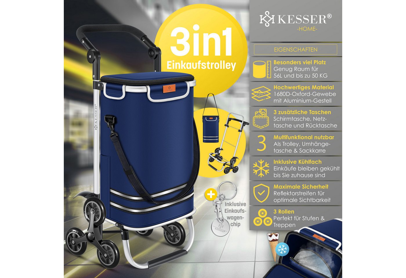Kesser® Einkaufstrolley Treppensteiger Klappbar 56l Bis 50kg, 3in1 Sackkarre – Navyblau
