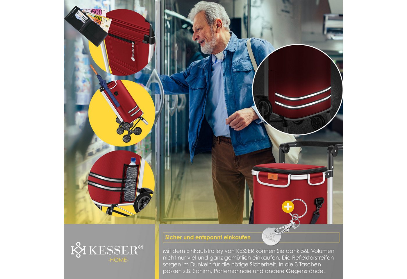 Kesser® Einkaufstrolley Treppensteiger Klappbar 56l Bis 50kg, 3in1 Sackkarre – Bordeaux Rot