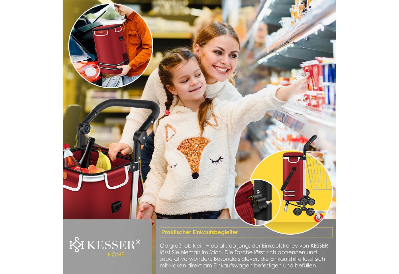 Kesser® Einkaufstrolley Treppensteiger Klappbar 56l Bis 50kg, 3in1 Sackkarre – Bordeaux Rot Bild 3