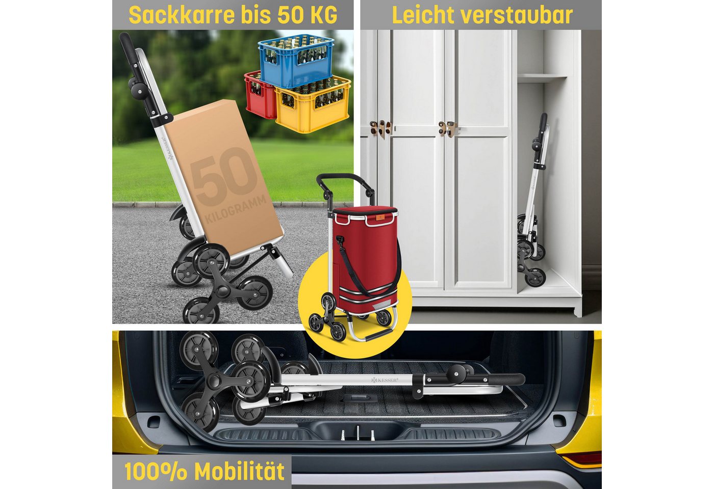 Kesser® Einkaufstrolley Treppensteiger Klappbar 56l Bis 50kg, 3in1 Sackkarre – Bordeaux Rot Bild 4
