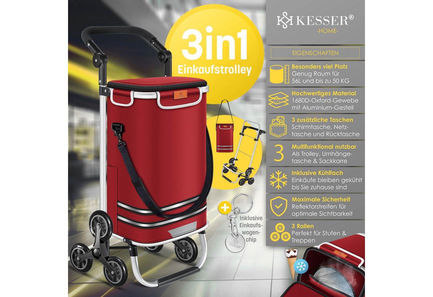 Kesser® Einkaufstrolley Treppensteiger Klappbar 56l Bis 50kg, 3in1 Sackkarre – Bordeaux Rot Bild 5