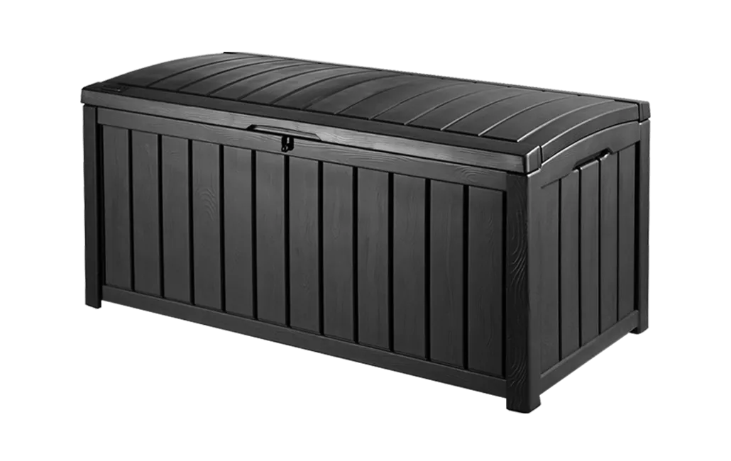 Keter Glenwood Kissenbox 390l – Wasserdichte Gartenbox & Sitzbank, Holzoptik, Graphit