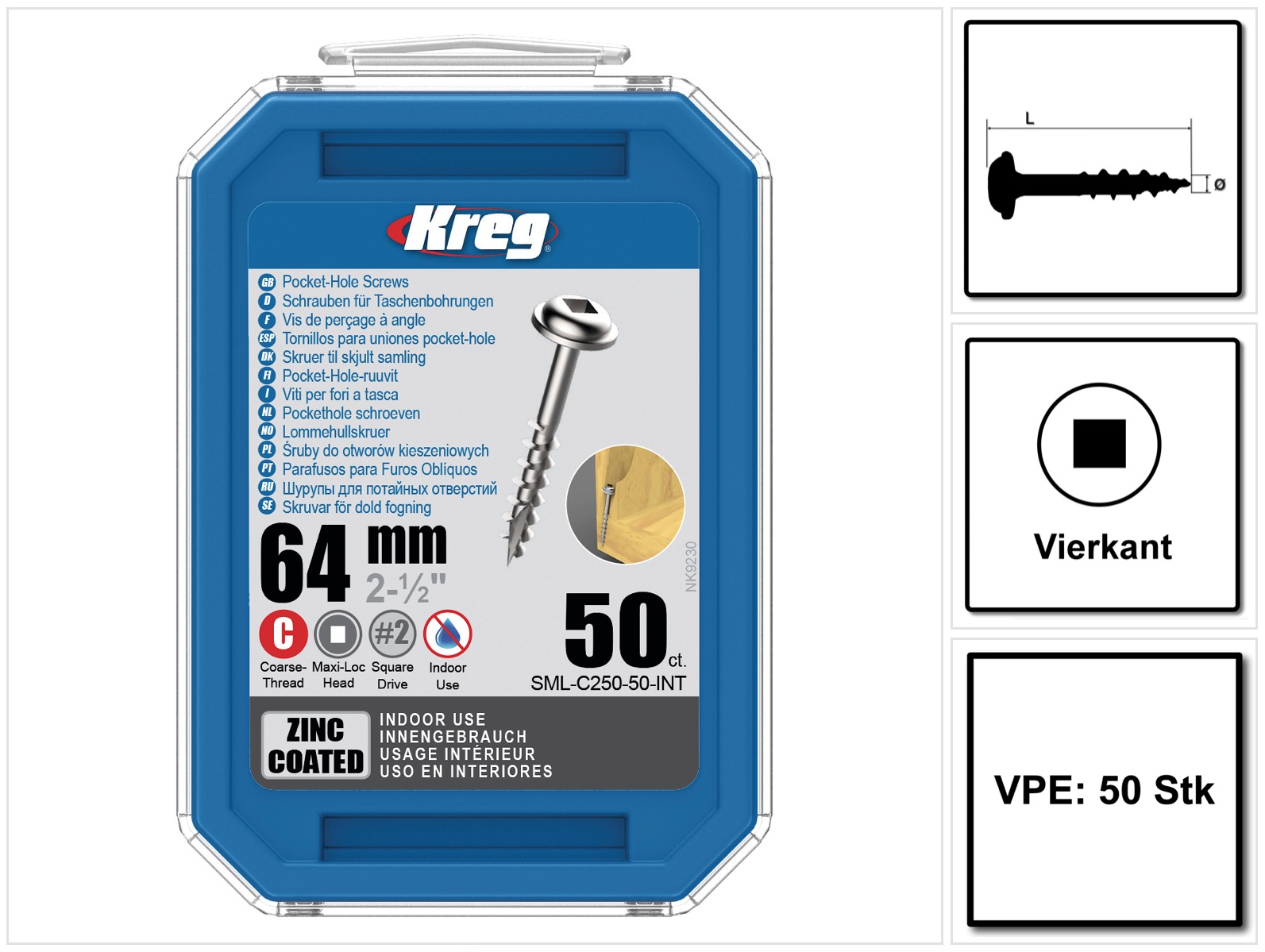 Kreg - Pocket-hole Linsenkopfschraube 64 Mm 50 Stk ( Sml-c250-50 ) Vierkantantrieb Teilgewinde Grobgewinde Selbstschneidend Verzinkt