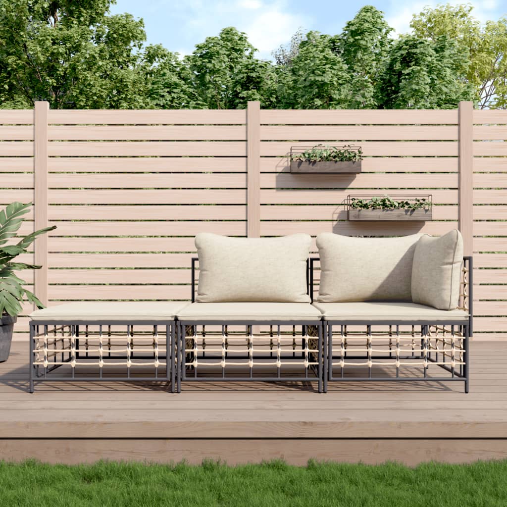 3-tlg. Garten-lounge-set Mit Kissen Anthrazit Poly Rattan