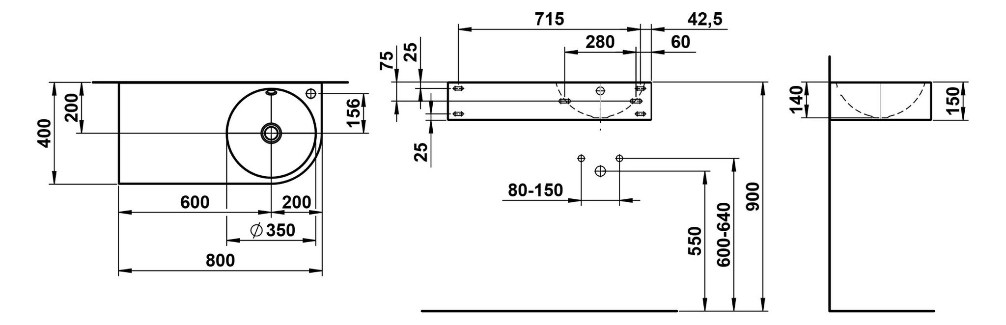 Laufen Waschtisch Form 800x400x150mm, Rechteckig, Ablage Links 1 Hahnloch Mit Überlauf Weiß Antibak