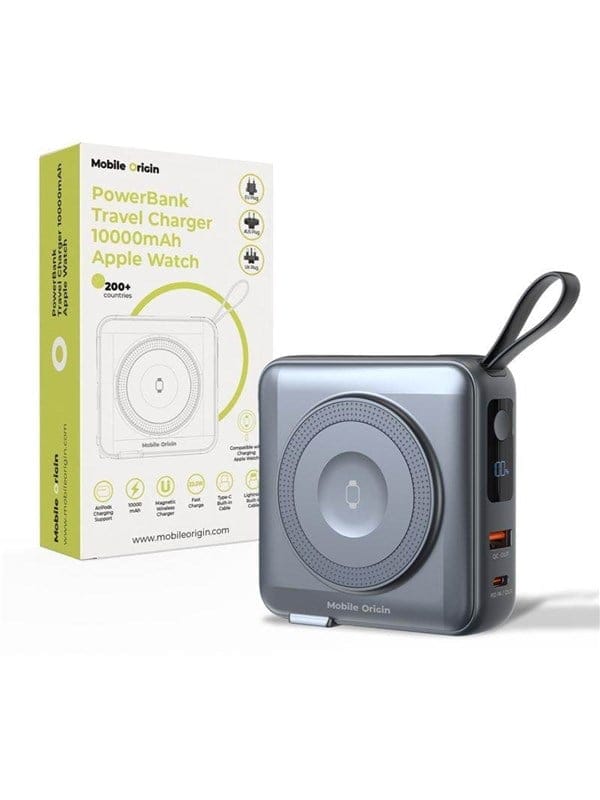Mobile Origin PowerBank & Travel Charger - Lightning/USB-C Cable - MagSafe/AW/iPhone Compatible - grey Powerbank (Akku) - Grau - 10000 mAh