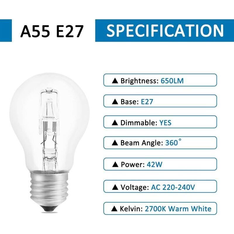 Forehill E27 A55 42w Dimmbare Glühbirnen, Ac220-240v, 650lm Warmweiß 2700k, Klare E27 Halogen-kugellampe Für Deckenleuchten, Arbeitsleuchten, Wandleuchten, Stehlampen, 5er-pack